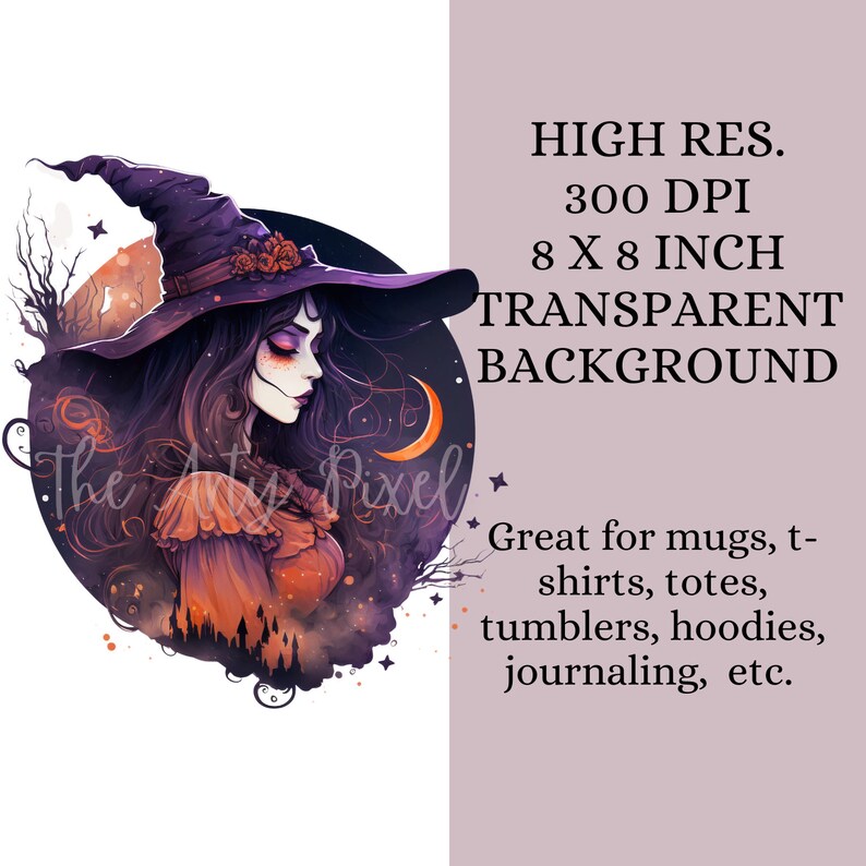 Op de afbeelding: Digitale kunst van een heks met lang donker haar, een paarse hoed en een oranje jurk. De afbeelding staat tegen een cirkelvormige achtergrond met een halve maan en de tekst "HIGH RES. 8 X 8 INCH TRANSPARENT BACKGROUND".