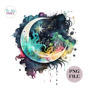 Celestial Moon Watercolor PNG, Crescent Moon Sublimation Design, Commercial Use PNG Clipart image 1