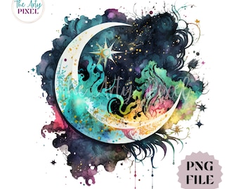 Celestial Moon Watercolor PNG, Crescent Moon Sublimation Design, Commercial Use PNG Clipart