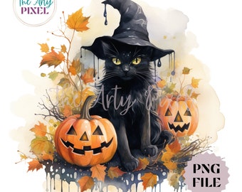 Witchy Cat PNG,  Halloween Sublimation Design, Black Cat Clipart, Commercial Use PNG