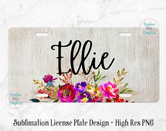 Rustic Floral License Plate Sublimation Design - Vanity Plate Template - PNG - Instant Download, Digital File