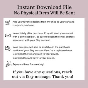Op de afbeelding: Een informatieblad voor digitale downloads met de tekst "Direct downloadbestand, er wordt geen fysiek item verzonden". Instructies omvatten hoe u het bestand kunt kopen, downloaden en openen. De achtergrond is licht mauve.