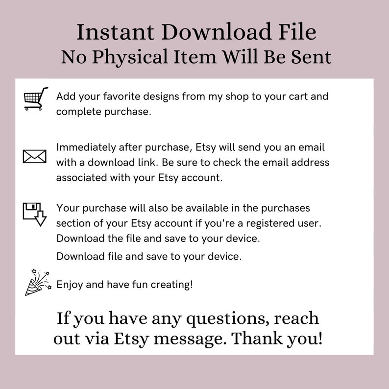 Op de afbeelding: Een informatieblad voor digitale downloads met de tekst "Direct downloadbestand, er wordt geen fysiek item verzonden". Instructies omvatten hoe u het bestand kunt kopen, downloaden en openen. De achtergrond is licht mauve.