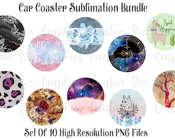 Car Coaster Templates Bundle, Sublimation Designs, Round PNG Graphics , Instant Digital Download