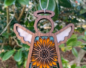 Sunflower Angel Keepsake Suncatcher Ornament - Beautiful pop of color when light shines through! Faux stained glass walnut and acrylic