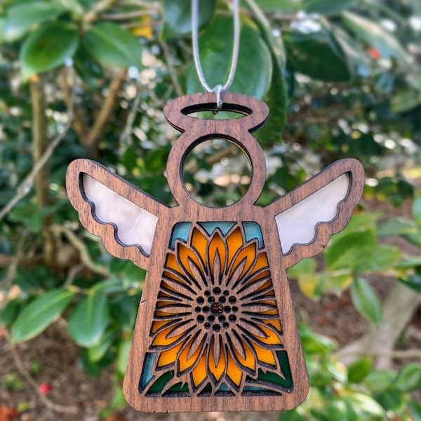 Sunflower Angel Keepsake Suncatcher Ornament - Beautiful pop of color when light shines through! Faux stained glass walnut and acrylic
