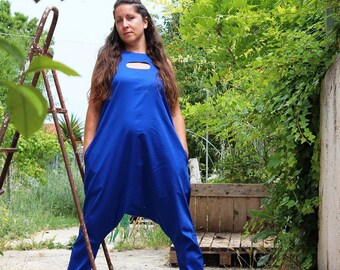 drop crotch jumpsuit, blue electric jumpsuit, summer jumpsuit, blue jumpsuit, casual jumpsuit, extravagant jumpsuit, casual romper