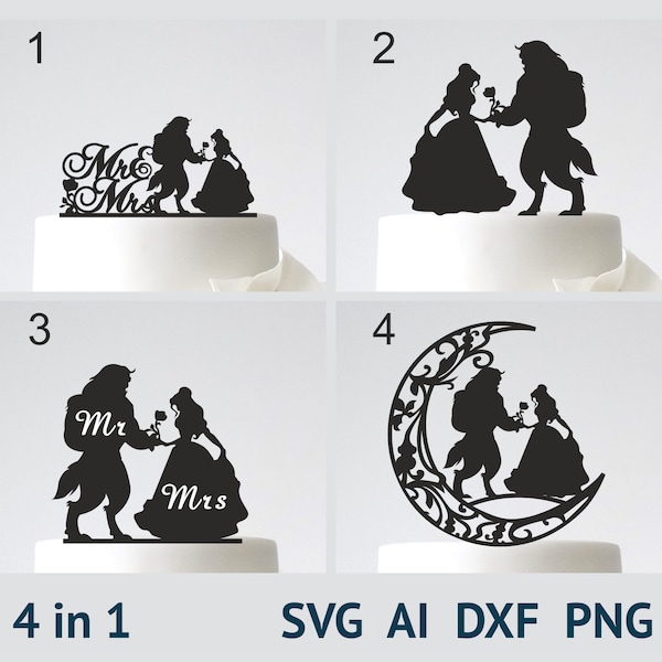 Beauty and Beast Topper,  SVG Cutting File, AI, Dxf and Printable PNG Files, Wedding Cake Topper, Instant Download