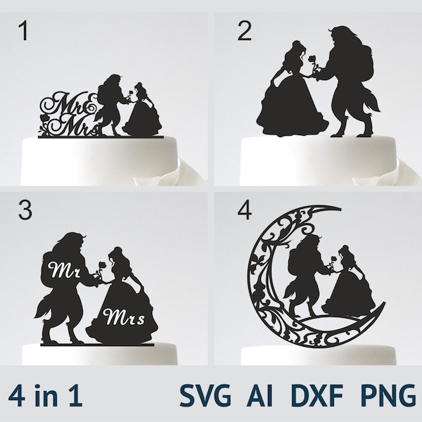 Schönheit und Tier Topper, SVG schneiden Datei, AI, Dxf und druckbare PNG-Dateien, Hochzeitstorte Topper, sofortiger Download