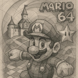 Geometrische Mario 64 Bleistift Skizze – Retro Pixel Held Bleistift Kunstdruck | 90er Jahre Von Spielen inspirierte Zeichnung | Sofortiger digitaler Download