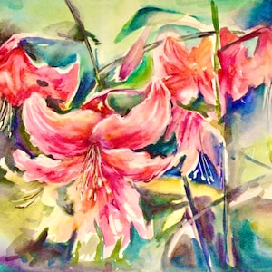 Lily painting Original watercolor Pink lily art Lily artwork Lily flower painting Pink flower artwork Garden painting Lilly wall art