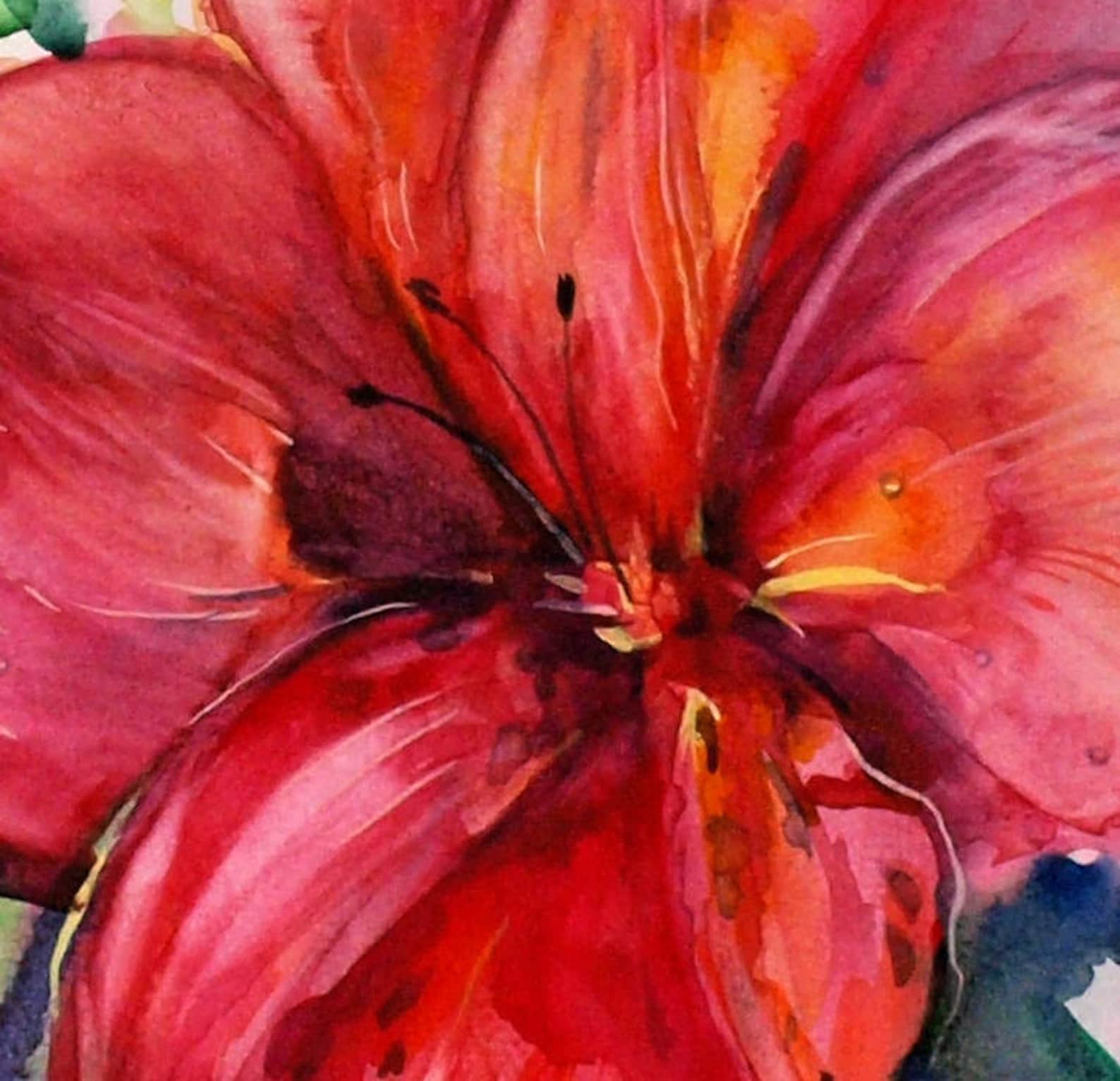 Red flower art Red abstract flower Red watercolor flower Red Etsy