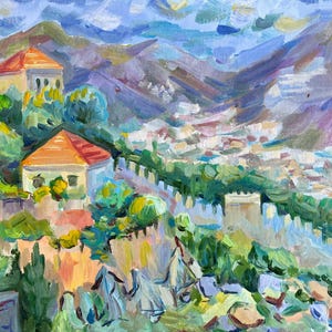 Original Colorful Mountain Landscape Painting | Impressionist Mediterranean Village Wall Art | Hand-Painted Acrylic on Canvas | Scenic Natur