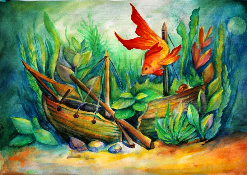 Fish wall art Fish painting Golden fish painting Aquarium Etsy