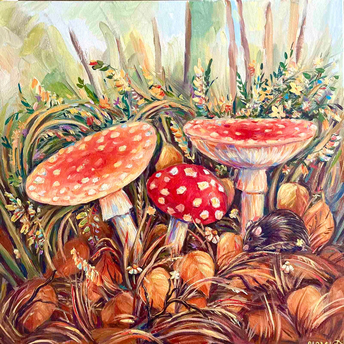 Woodland painting Mushroom wall art Original oil painting Red Etsy