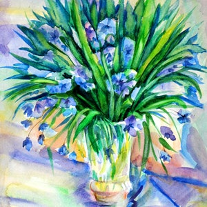 Blue flower painting Blue watercolour Flower in vase painting Blue flower artwork Bouquet flowers painting Bouquet watercolor