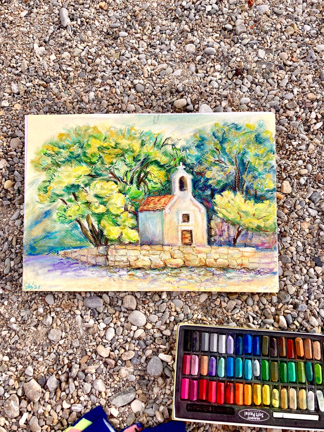 Original Pastel Art Old Church Wall Art Old Town Landscape Etsy