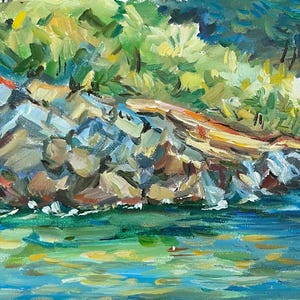 Rocky Shoreline Serenity – Original Impressionist Oil Painting on Canvas Sheet | Nature Wall Art | Landscape Decor