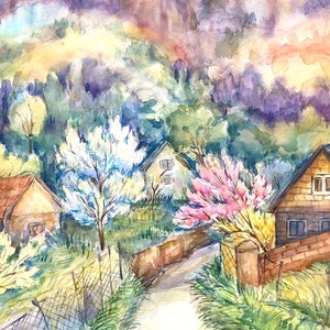 Pittura ad acquerello originale di montagna Alberi in fiore Arte delle montagne Fattoria e paesaggio Arte della parete della foresta di montagna Montagna primaverile