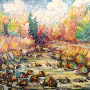 Colorful Autumn River Landscape – Original Oil Painting on Canvas, 30x40 cm