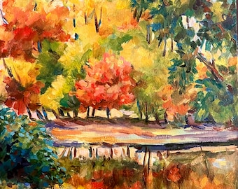 oil painting on canvas autumn landscape by the river Colourful trees reflection in water original painting on canvas