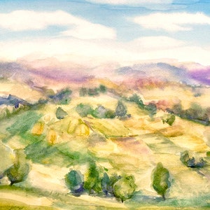 Toscane landschap aquarel heuvels groene heuvels kunst vredig landschap heuvels landschap glooiende heuvels boerderij aquarel schattige heuvels kunst