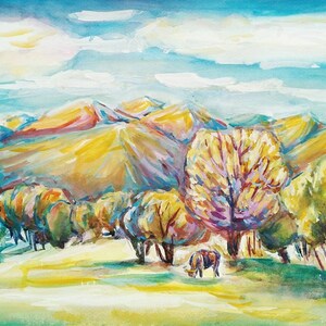 Mountains landscape original painting Valley landscape Trees and mountains Cow painting Cow landscape Farm landscape Country painting