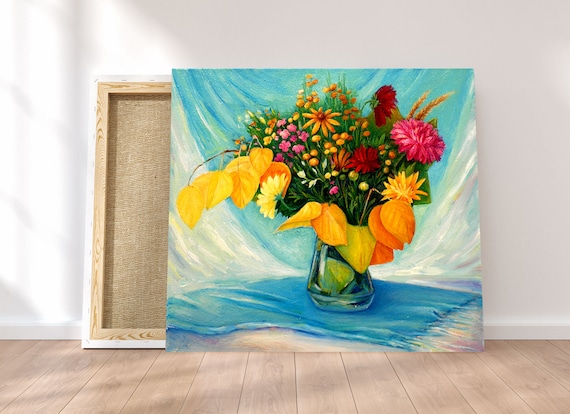Peinture De Bouquet De Fleur Fleurs Jaunes Peignant Fleurs Peinture Originale Fleurs Dans La Peinture De Vase Art De Mur De Fleurs Art Bleu Jaune De