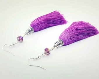 Purple earrings with tassels and crystals. Fashion color