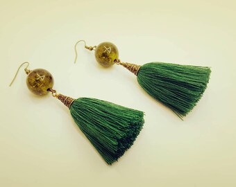 Green ball drop earrings with tassels