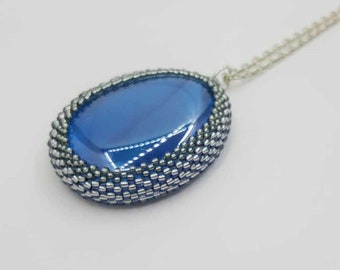 Blue glass pendant necklace. Large beaded pendant. Blue glass