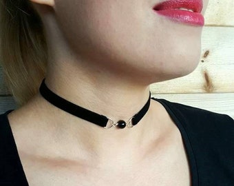 Black Velvet Choker with black bead. LBD necklace