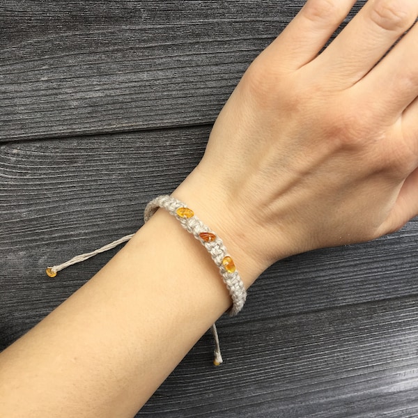 Linen macrame bracelet with amber for adults. Adjustable length.