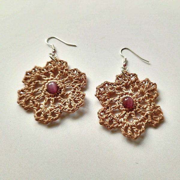 Brown flower earrings. Crocheted earrings with cat's eye beads