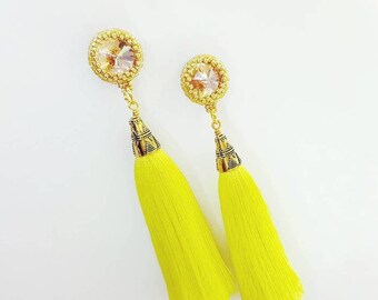 Yellow tassel stud earrings with crystals