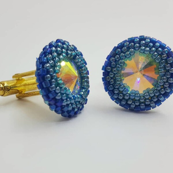 Blue glass crystal cuff links