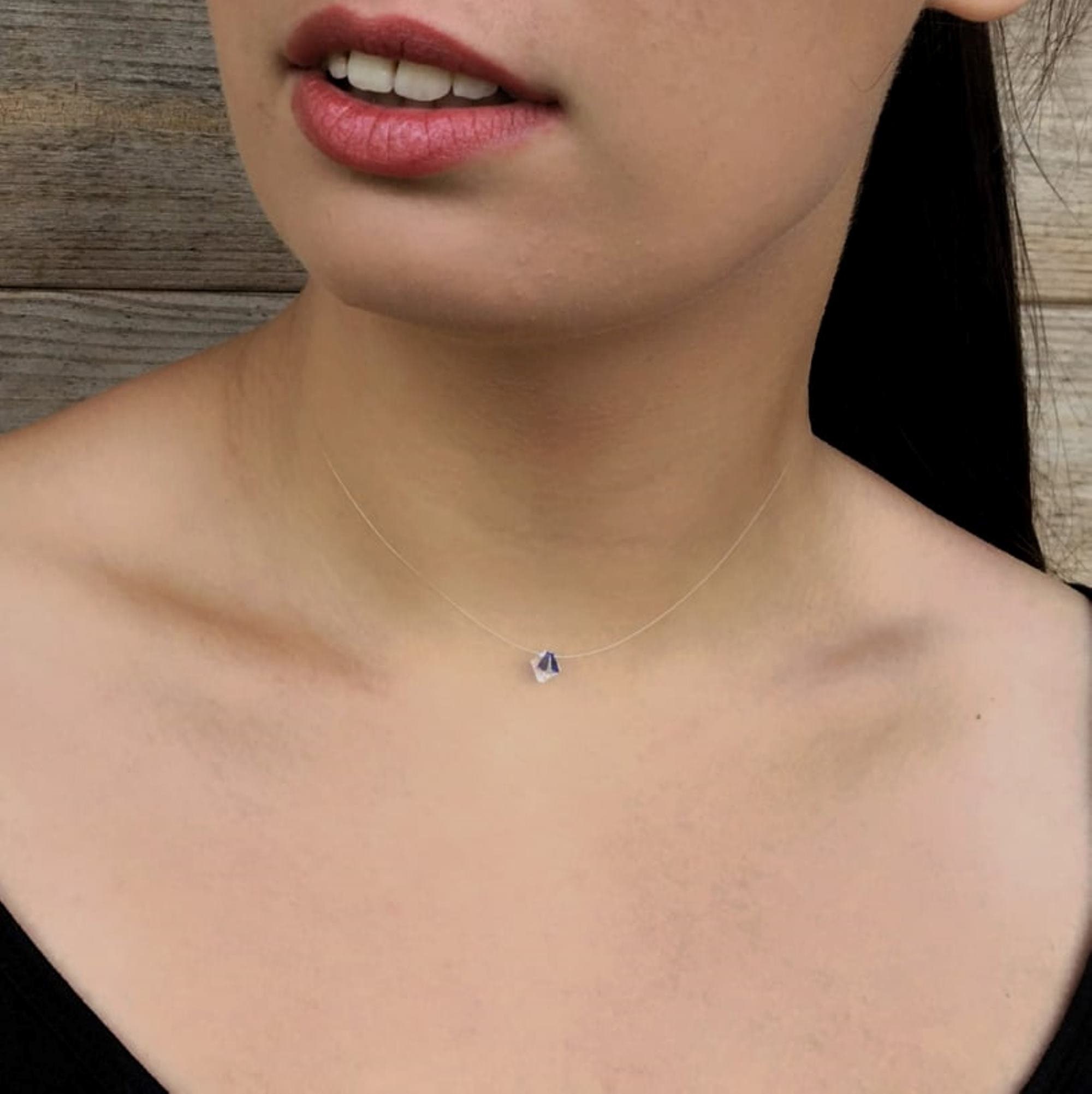 Invisible Choker Necklace With Swarovski Crystal Pendant Etsy