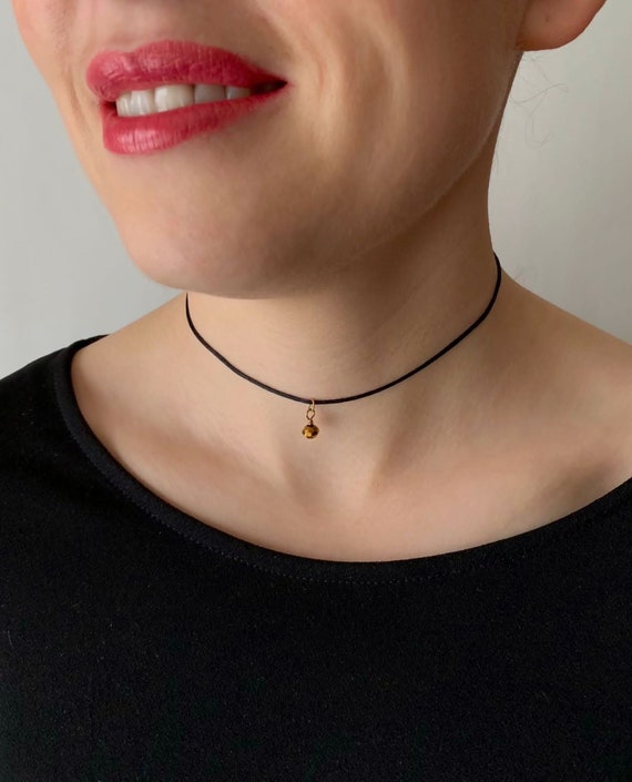 Thin Black String Choker With Small Gold Tone Pendant 