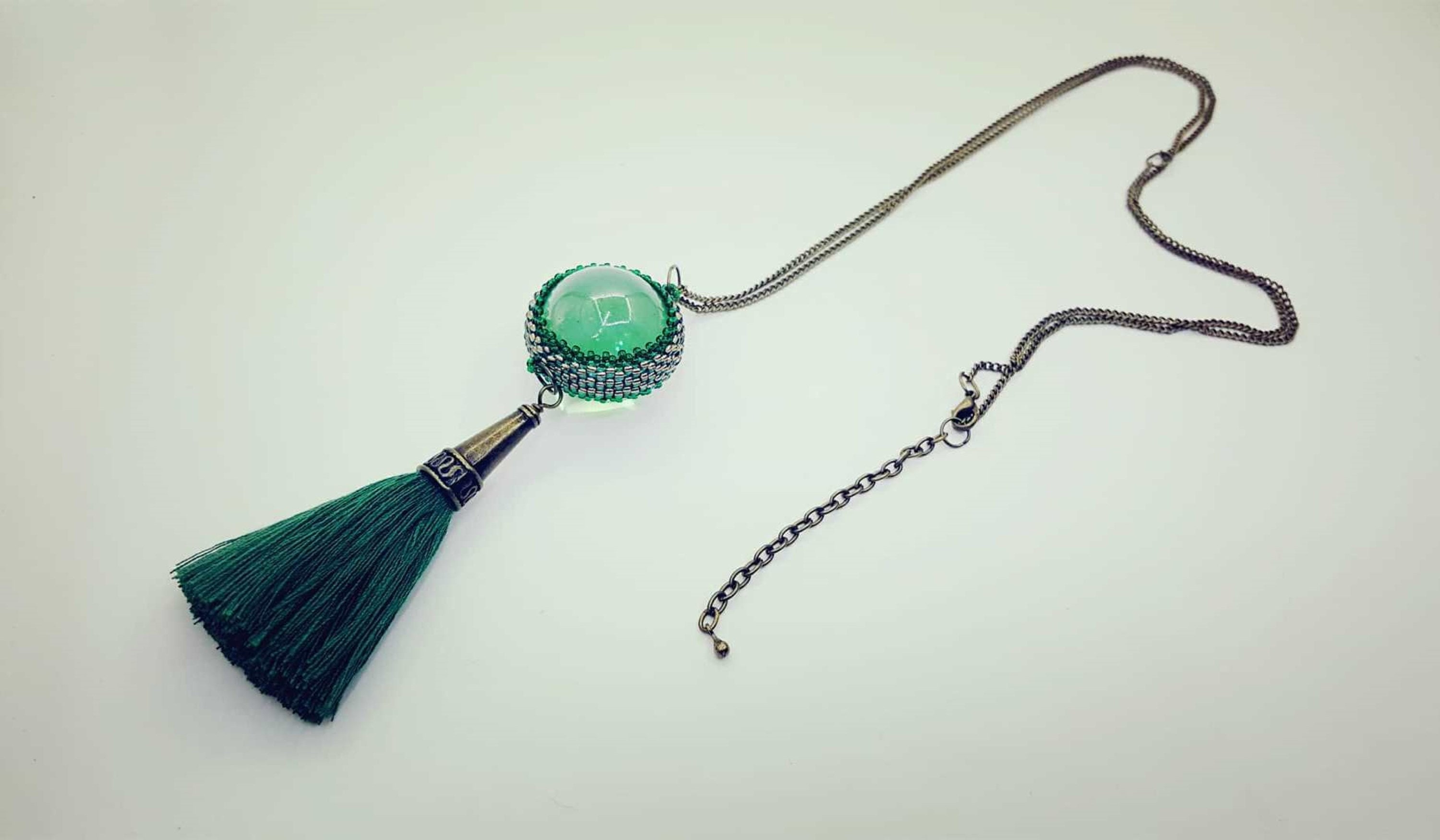 Glass Ball Necklace With Tassel. Green Glass. Green Tassel Etsy UK
