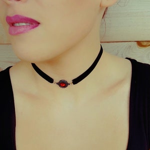 Black velvet choker with ruby red glass crystal image 2