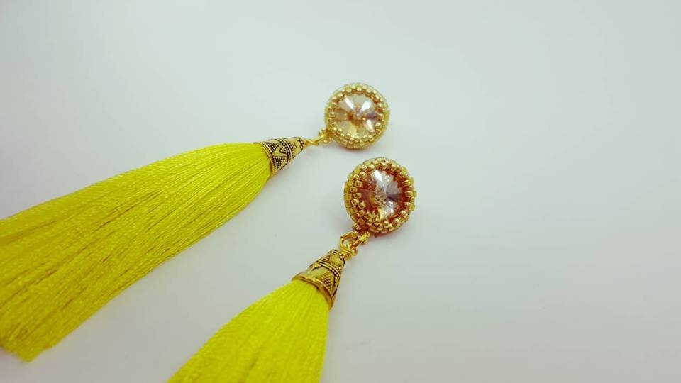 Yellow Tassel Stud Earrings With Crystals Etsy UK