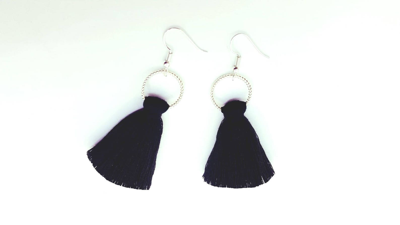 Earrings With Black Tassels and Rings Etsy