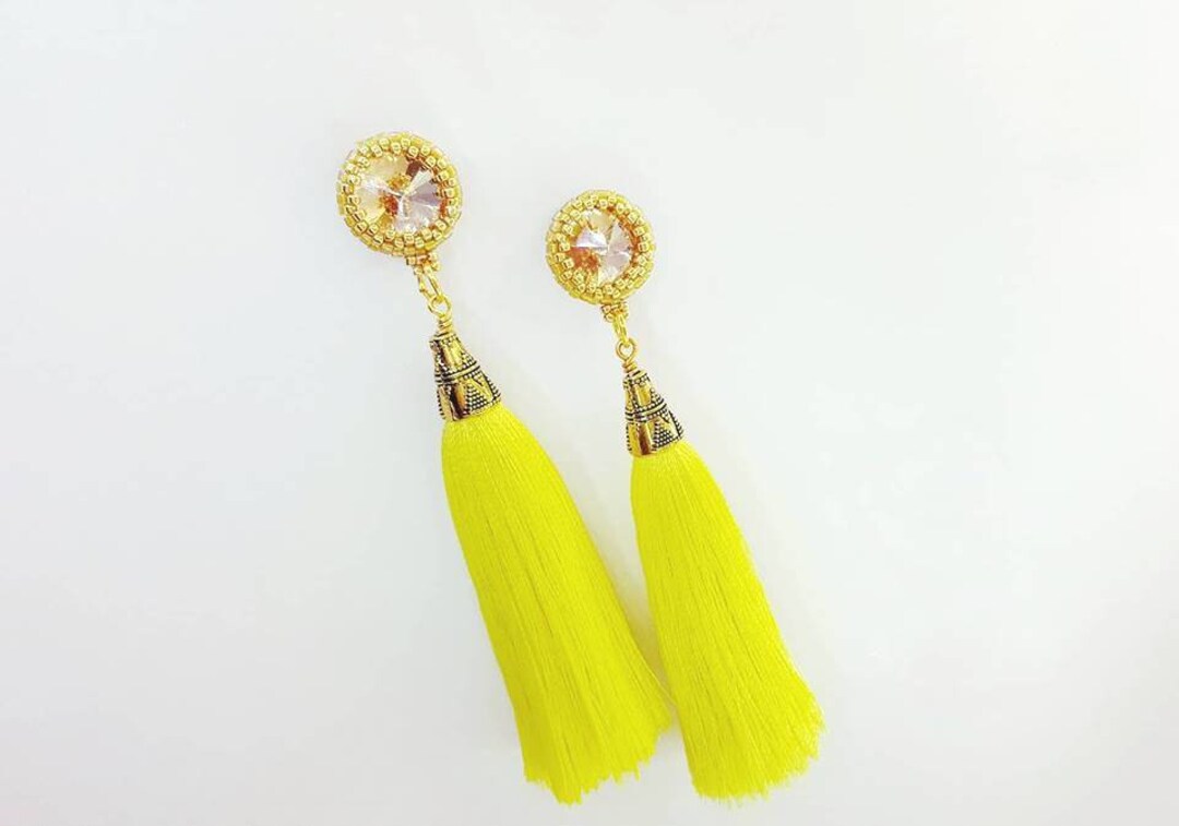 Yellow Tassel Stud Earrings With Crystals Etsy UK