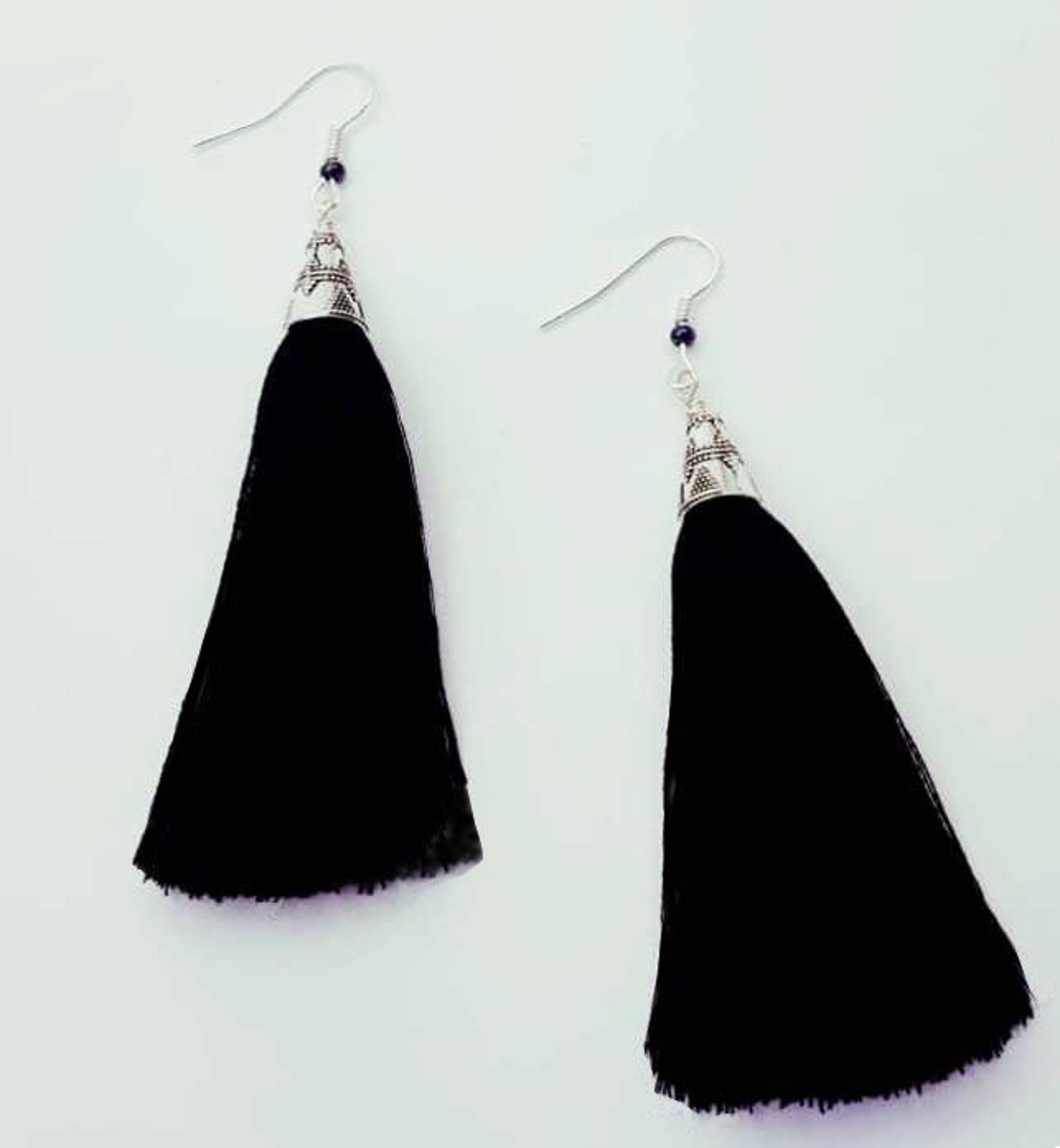 Black Tassel Earrings With Silver Tone Caps Etsy