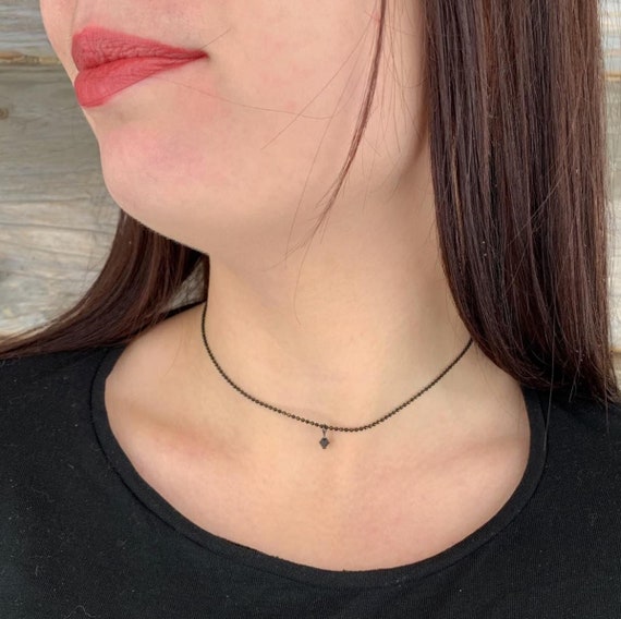 Black Choker Necklace With Small Black Swarovski Crystal. Chain