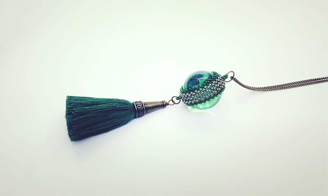 Glass Ball Necklace With Tassel. Green Glass. Green Tassel Etsy UK