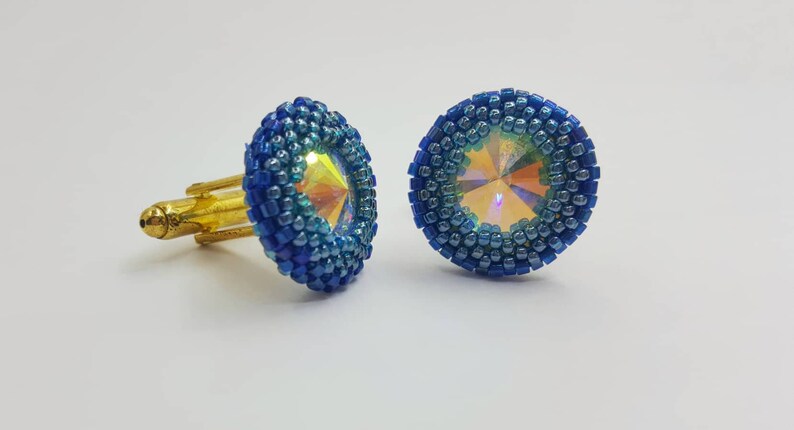 Blue glass crystal cuff links
