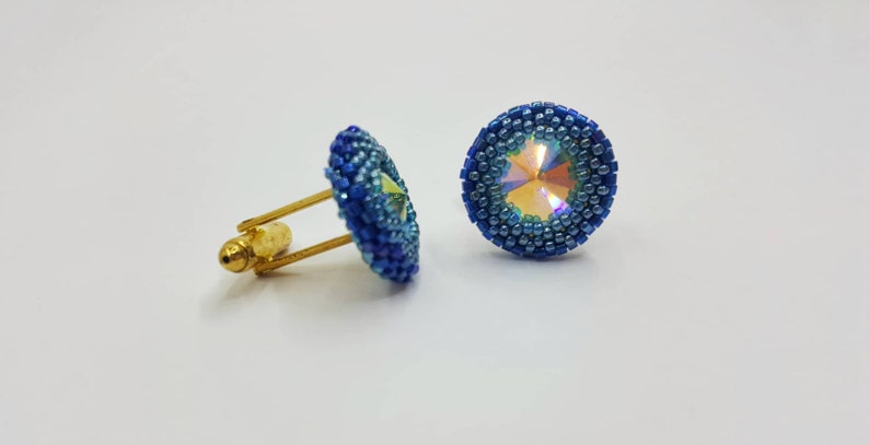 Blue glass crystal cuff links