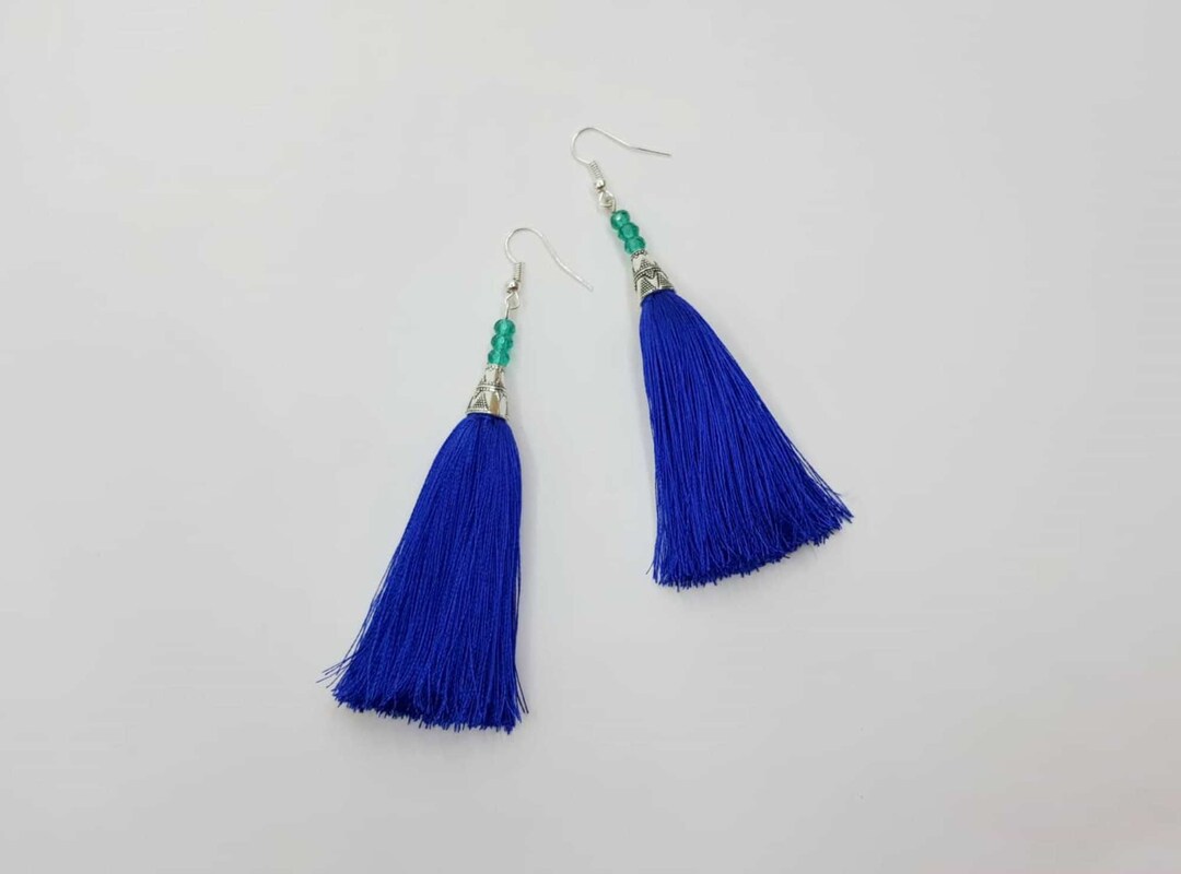 Tassel Earrings. Blue Silk Tassel and Green Glass Crystal Beads Etsy UK