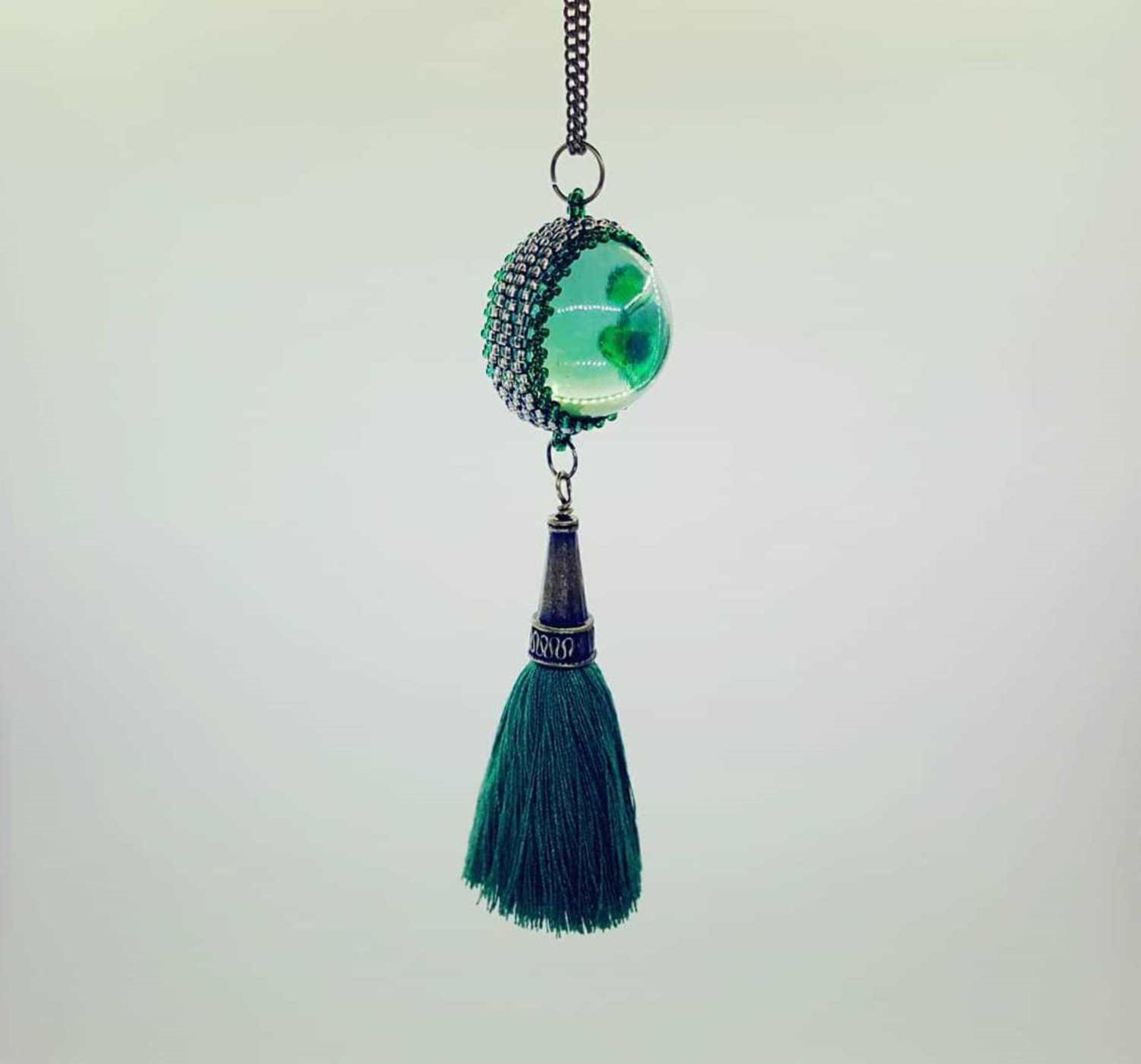 Glass Ball Necklace With Tassel. Green Glass. Green Tassel Etsy UK